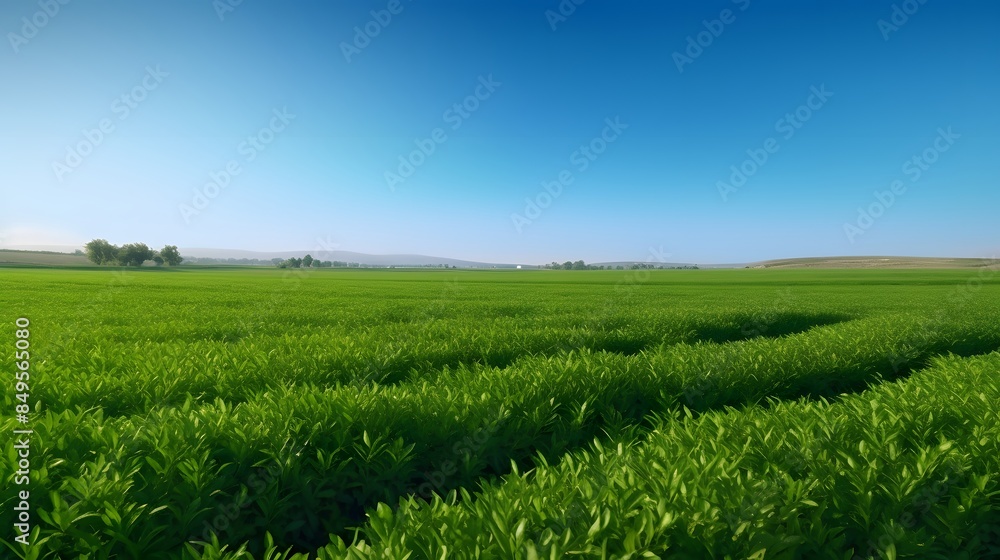 A lush green farm field under a clear blue sky, agricultural industry A lush green farm field under a clear blue sky, agricultural industry