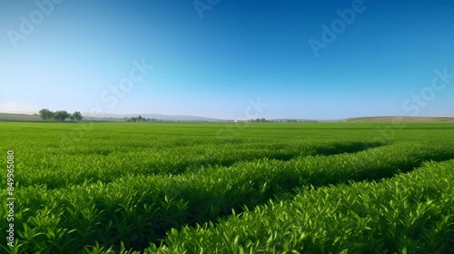 A lush green farm field under a clear blue sky, agricultural industry