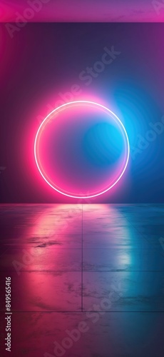 Neon circle. Blue and pink neon light round frame. Glowing ring with copy space