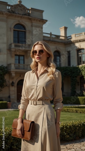 Glamorous Day Out: Stylish Woman Near Mansion