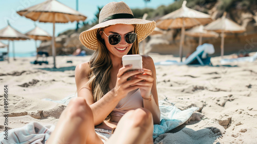 Fototapeta Naklejka Na Ścianę i Meble -  Young woman using her mobile phone while relaxing at the beach