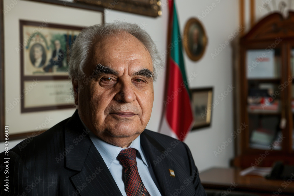 Elderly man in a formal suit standing in an Office setting with a flag in the background, portraying professionalism and wisdom. Elderly man in a formal suit standing in an Office setting with a flag in the background, portraying professionalism and wisdom.