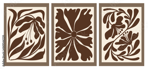 A set of modern abstract flower posters. Nerdy naive groovy funky wall paintings. Colorful vector flat illustration for interior, paintings, postcards, covers, tee print, wallpaper, flower show.