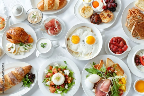 A variety of breakfast dishes including eggs, pastries, fresh fruits, and salads arranged on a table. Perfect for illustrating healthy morning meals.