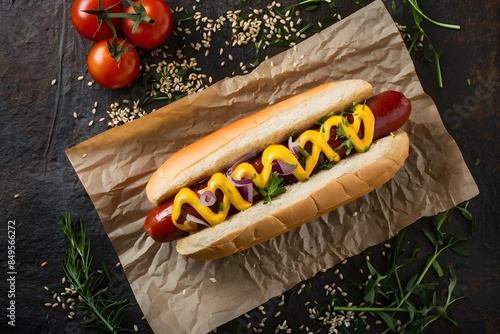 Colorful hot dog with condiments on parchment paper, surrounded by cherry tomatoes and herbs