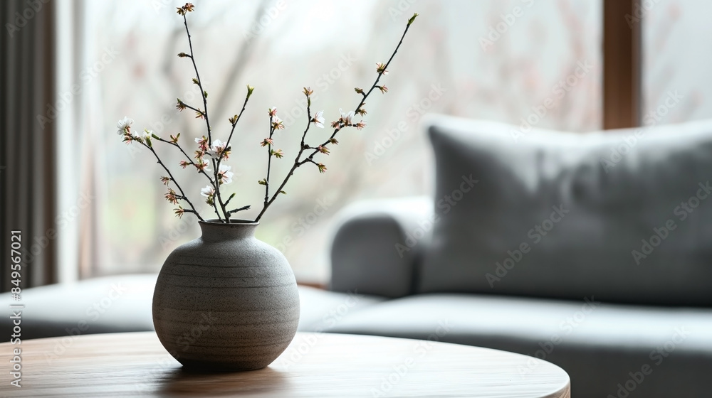 Ceramic vase with blooming branches on a wooden table in a serene living room. Ceramic vase with blooming branches on a wooden table in a serene living room.