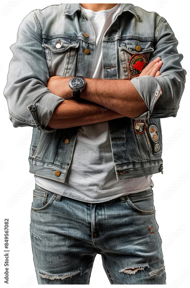 man in a denim jacket and jeans standing with his arms crossed man in a denim jacket and jeans standing with his arms crossed