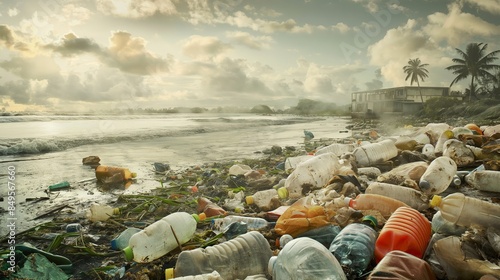 coastline polluted with plastic waste