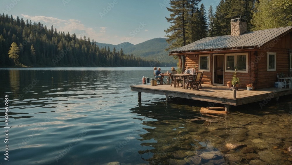 Fototapeta premium serene lakeside cabin with a family enjoying a barbecue and swimming in the lake