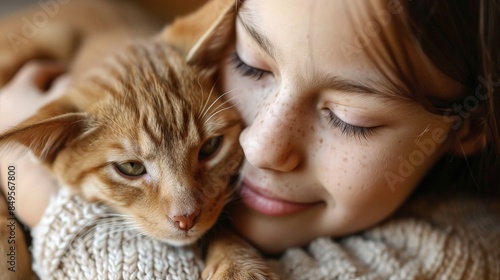 A young girl gently cuddles a ginger cat, both looking serene and content photo