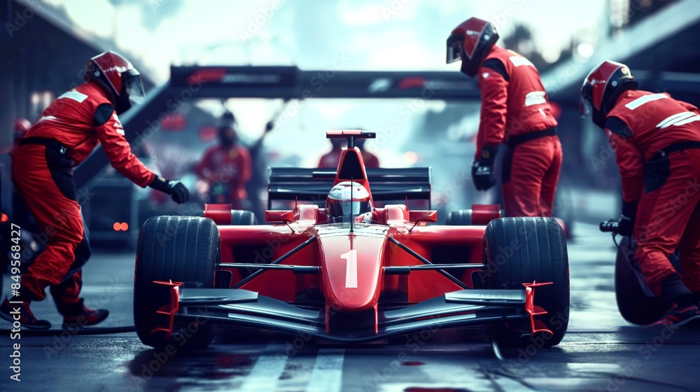 Obraz premium Intense pit stop scene with mechanics servicing a Formula One car during a race.