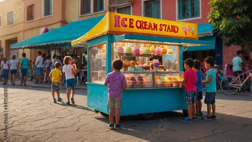 vibrant and colorful ice cream stand with kids eagerly waiting for their favorite flavors.