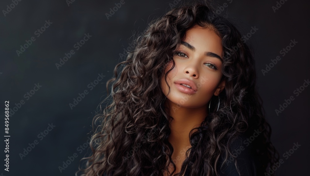 A beautiful woman with long curly hair posing for the camera against a dark background. This could be used as a hair salon ad banner or hair brand advertisement. A beautiful woman with long curly hair posing for the camera against a dark background. This could be used as a hair salon ad banner or hair brand advertisement.