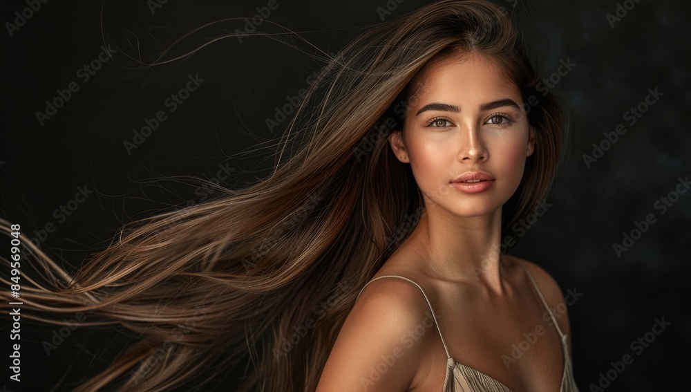 A beautiful woman with long flowing hair posing for the camera, showcasing her perfectly styled and healthy hair against a dark background. used as a hair salon ad banner or hair brand advertisement. A beautiful woman with long flowing hair posing for the camera, showcasing her perfectly styled and healthy hair against a dark background. used as a hair salon ad banner or hair brand advertisement.
