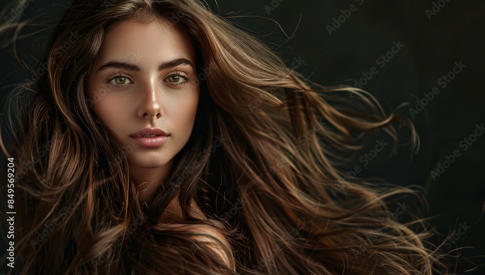 A beautiful woman with long flowing hair posing for the camera, showcasing her perfectly styled and healthy hair against a dark background. used as a hair salon ad banner or hair brand advertisement. A beautiful woman with long flowing hair posing for the camera, showcasing her perfectly styled and healthy hair against a dark background. used as a hair salon ad banner or hair brand advertisement.