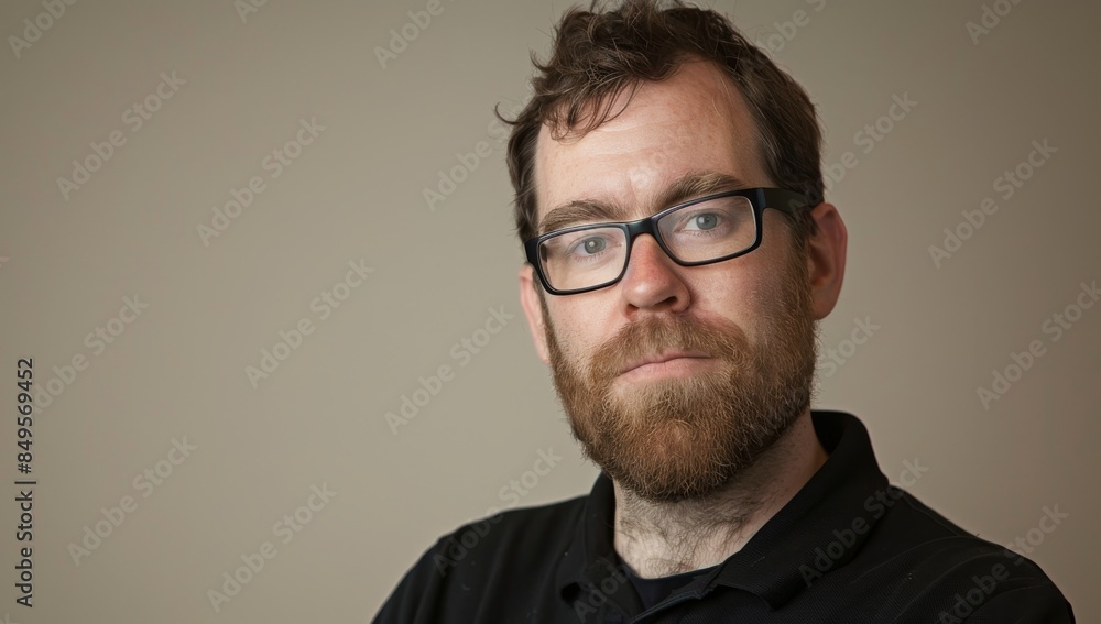 Man with beard and glasses wearing black polo shirt, neutral background Man with beard and glasses wearing black polo shirt, neutral background