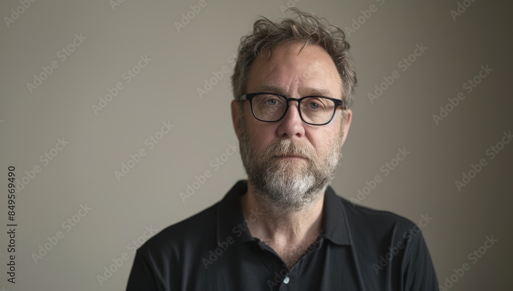 Man with beard and glasses wearing black polo shirt, neutral background Man with beard and glasses wearing black polo shirt, neutral background