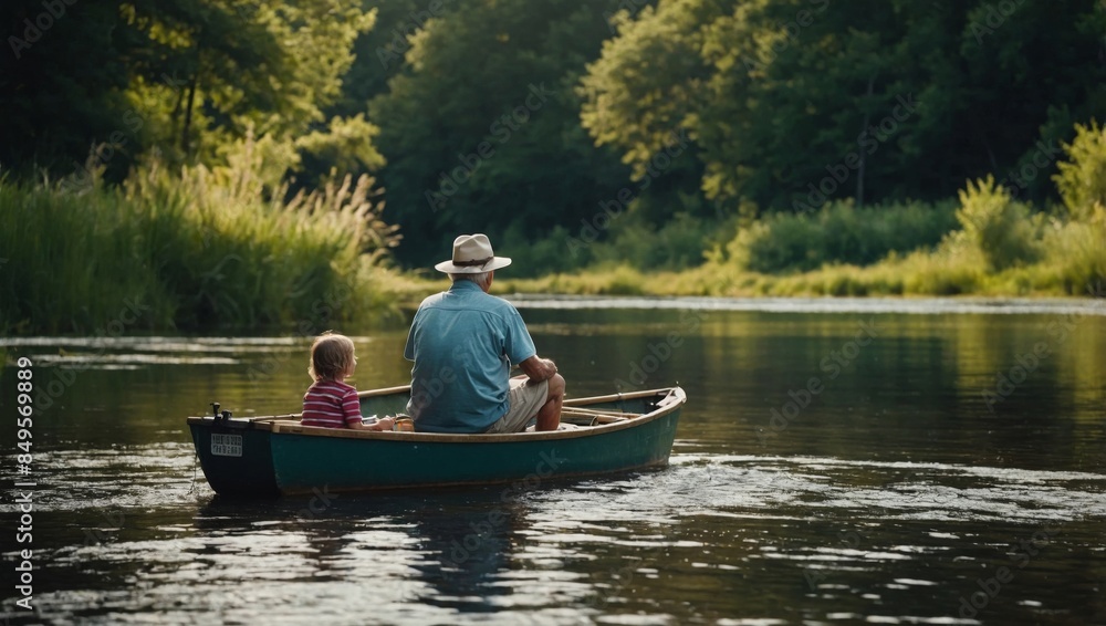 peaceful summer fishing trip with a grandfather and grandchild sitting by a quiet river