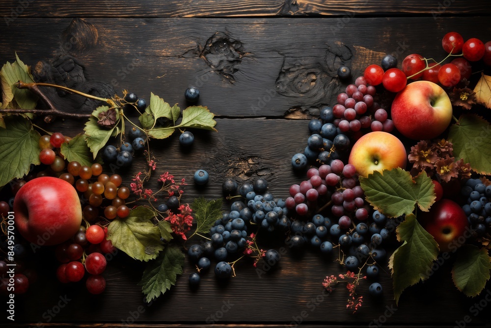 still life with bunches of grapes, berries and fresh and juicy fruits against a dark old wooden background, rural vintage style, the concept of fresh and healthy food still life with bunches of grapes, berries and fresh and juicy fruits against a dark old wooden background, rural vintage style, the concept of fresh and healthy food