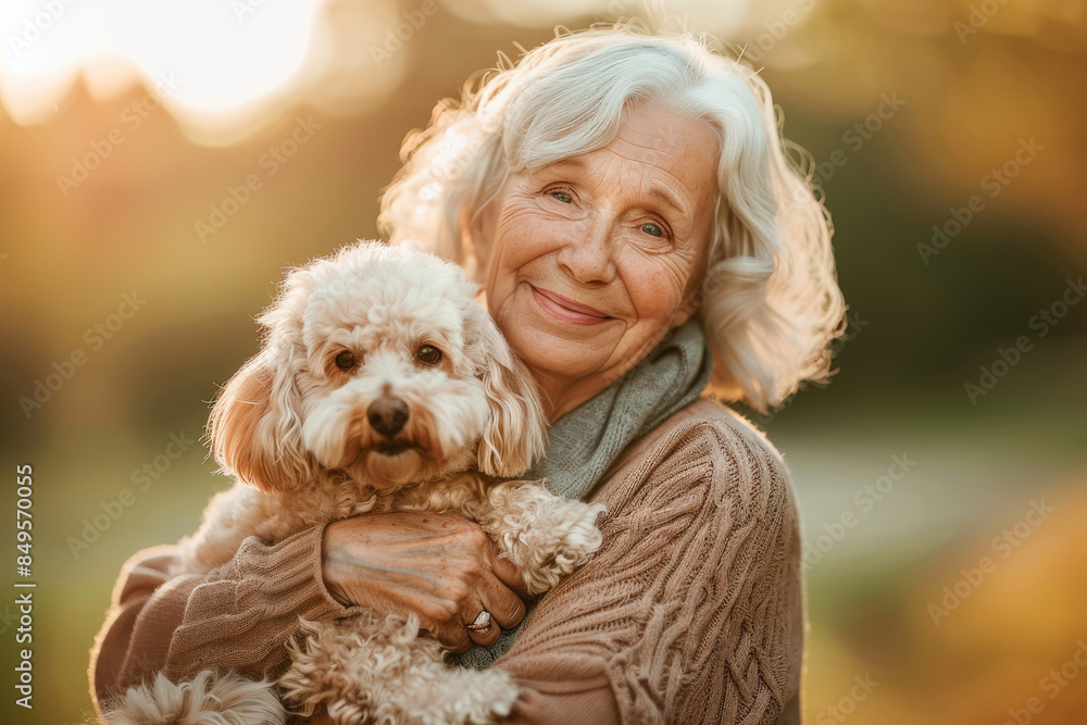 Warm Sunset Walk: Senior Lady with Dog in Park Warm Sunset Walk: Senior Lady with Dog in Park