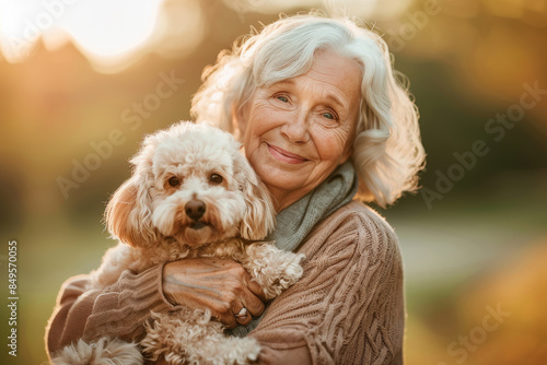 Warm Sunset Walk: Senior Lady with Dog in Park 