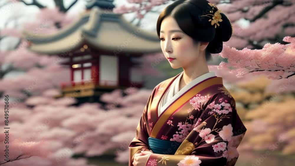 An Asian woman of noble origin in a festive kimono walks slowly through a blooming Japanese garden An Asian woman of noble origin in a festive kimono walks slowly through a blooming Japanese garden