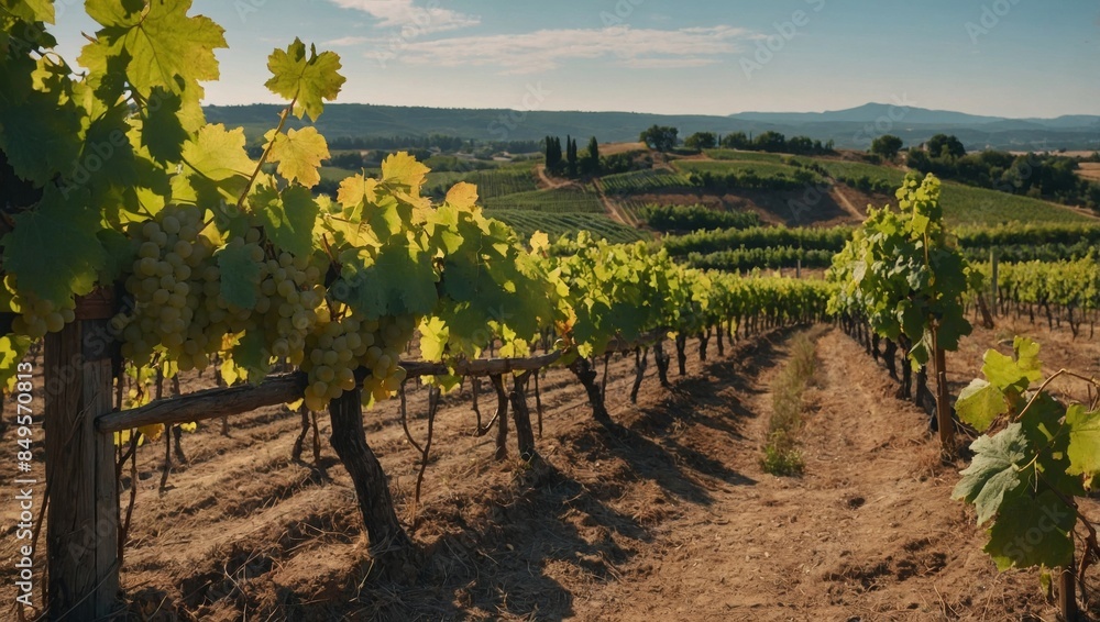 picturesque vineyard in summer with grapevines full of ripe grapes and a wine tasting event picturesque vineyard in summer with grapevines full of ripe grapes and a wine tasting event