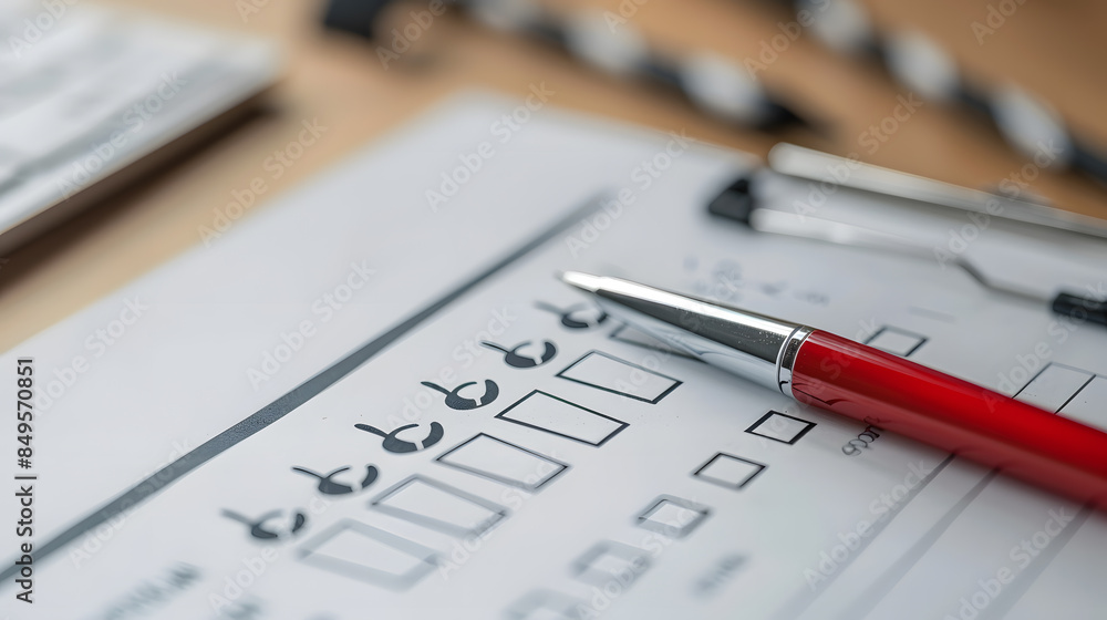 A red pen sits on a piece of paper with a check box next to it A red pen sits on a piece of paper with a check box next to it