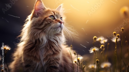 A beautiful photo of a long-haired tabby cat sitting on grass during a golden sunset. The cat's fur is illuminated by the warm light, and it has a calm, attentive expression. The background is softly 