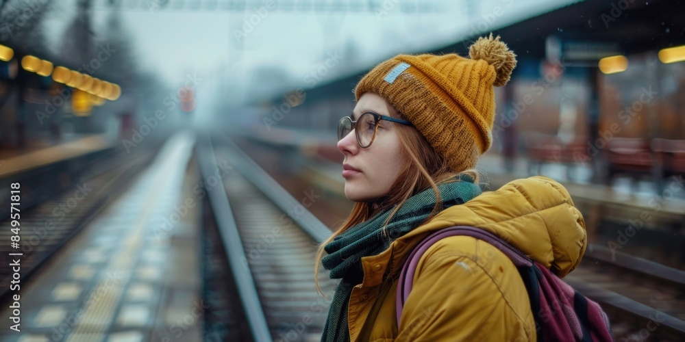 Obraz premium Woman in yellow jacket and brown hat