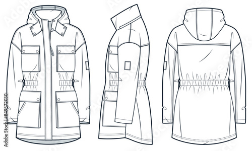 Parka Coat technical fashion Illustration. Winter Jacket fashion flat technical drawing template, front zipper, pockets, hood, front, side and back view, white, women, men, unisex CAD mockup set.