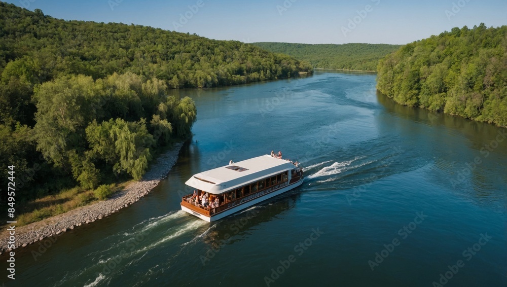 Naklejka premium serene river cruise with tourists enjoying the sights and sounds of the water and surrounding nature