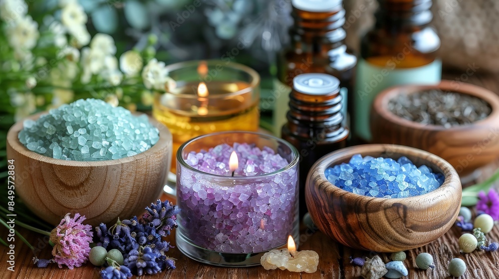 A close-up image showcasing a variety of bath salts, candles, and essential oils, perfect for creating a relaxing and calming atmosphere A close-up image showcasing a variety of bath salts, candles, and essential oils, perfect for creating a relaxing and calming atmosphere