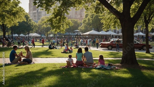 Fototapeta Naklejka Na Ścianę i Meble -  image of a bustling city park with families having picnics, kids playing, and couples strolling