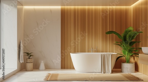 Elegant modern bathroom with a freestanding bathtub, wooden walls, and decorative plants.