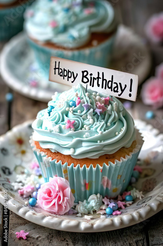 happy birthday quote on a beautiful delicious birthday cupcake, birthday background, birthday card
