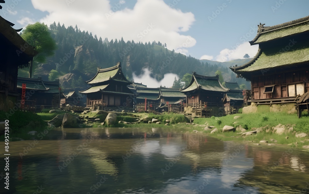 A serene Japanese village during the Heian period A serene Japanese village during the Heian period