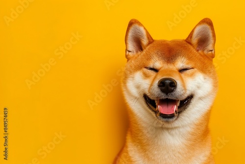 A joyous Shiba Inu with a wide grin against a vibrant yellow background gives a feel-good wallpaper and could be a best-seller © qorqudlu