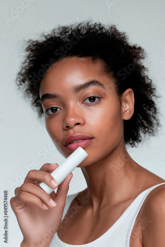 jeune femme à la peau matte, tenant dans sa main un tube blanc ou stick sans marque pour marque blanche, maquette, peau jeune et saine, soin dermatologique, pour visage et lèvres, hydratant