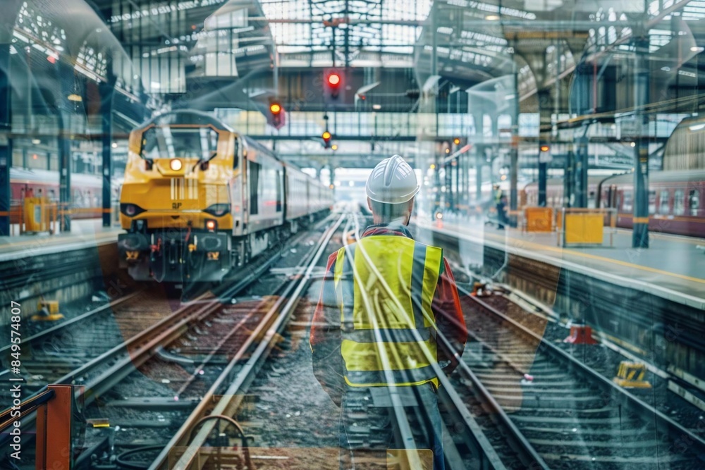 An experienced railway engineer wearing a safety vest and hard hat conducting a thorough inspection of the train tracks and locomotives at a bustling train depot An experienced railway engineer wearing a safety vest and hard hat conducting a thorough inspection of the train tracks and locomotives at a bustling train depot
