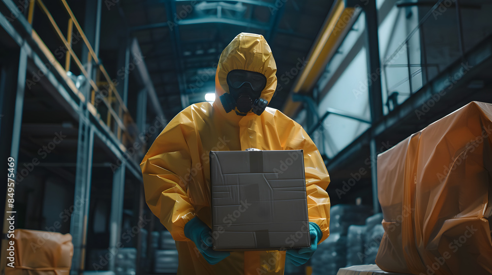 A man in a yellow suit is wearing a gas mask and holding a box A man in a yellow suit is wearing a gas mask and holding a box
