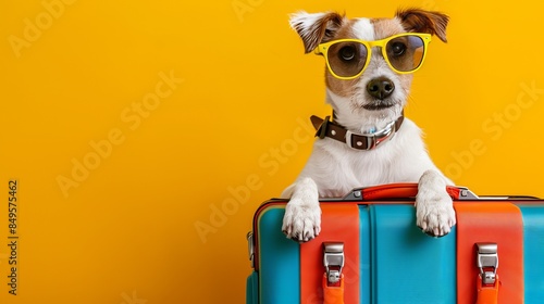 A humorous abstract concept wallpaper showcasing a dog ready for travel against a vibrant yellow background, perfect as a best-seller photo