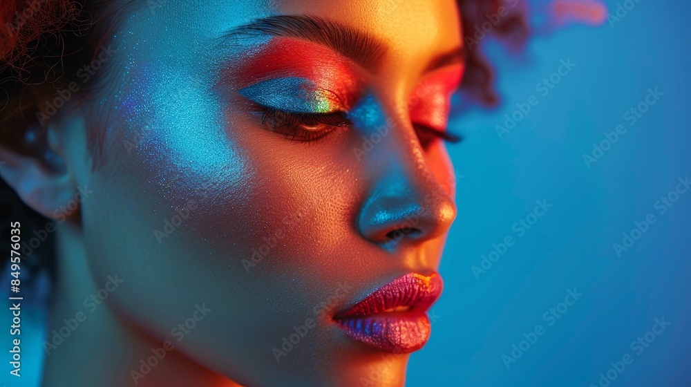 A close-up portrait of a woman with bold, colorful eye makeup, illuminated by vibrant neon lights, looking ready for a night out A close-up portrait of a woman with bold, colorful eye makeup, illuminated by vibrant neon lights, looking ready for a night out