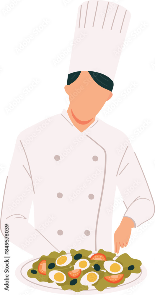 Chef preparing salad wearing white uniform. Professional cook garnishing dish confidently. Culinary expert hat presenting fresh food Chef preparing salad wearing white uniform. Professional cook garnishing dish confidently. Culinary expert hat presenting fresh food