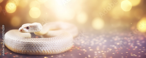 Albino snake with blurred gold background, glitter and blurred background, white snake represent year of snake, happy Chinese new year 