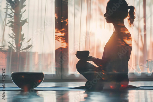Experience a Peaceful and Serene Zen Yoga Session with Tibetan Singing Bowl Accompaniment Led by a Skilled Female Trainer in a Beautifully Appointed Studio photo