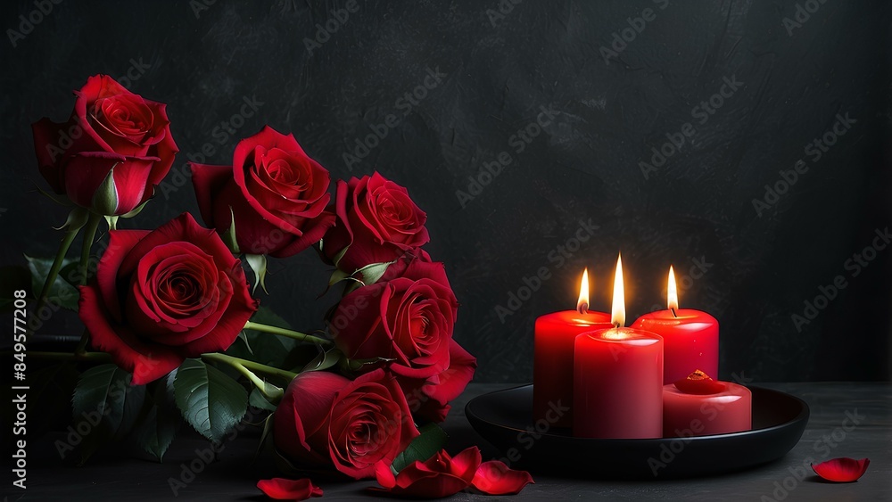 Fototapeta premium Midnight Love Affair: Intimate Valentine’s Ambiance with Red Roses and Candles on Dark Background. Copy Space