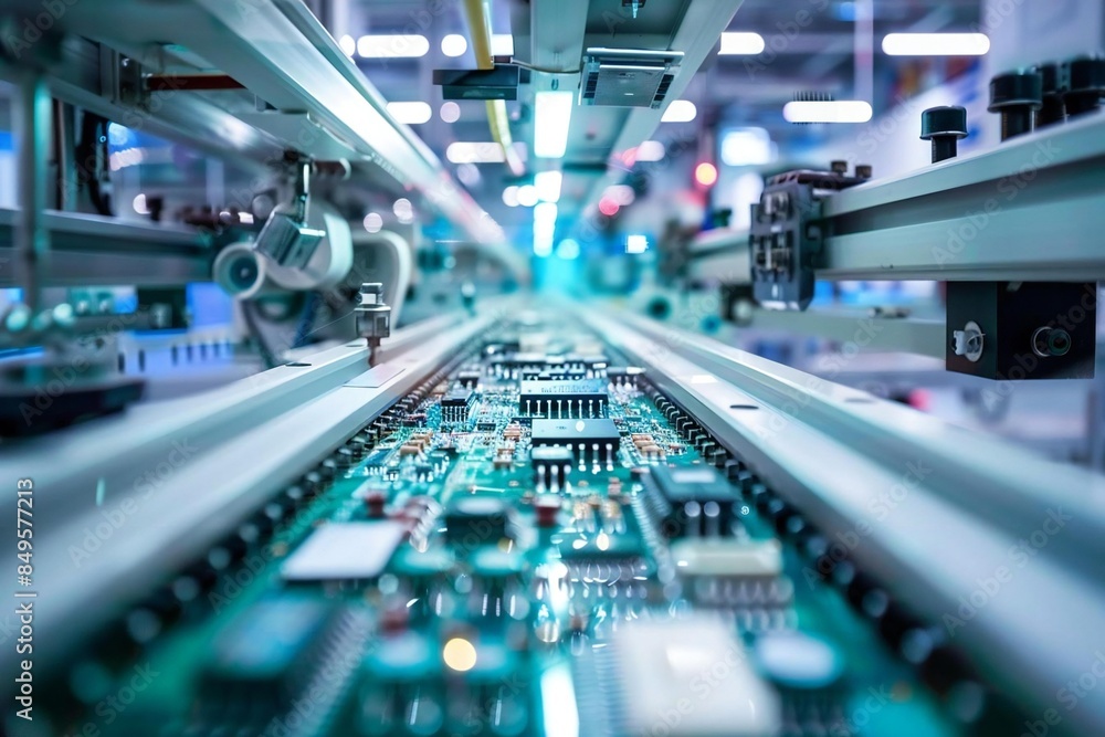 State-of-the-art High-Tech Circuit Board Assembly Line in a Modern Electronics Manufacturing Facility State-of-the-art High-Tech Circuit Board Assembly Line in a Modern Electronics Manufacturing Facility