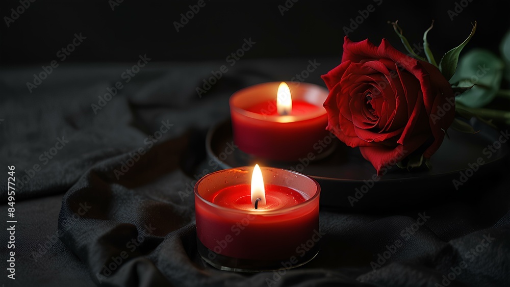 Midnight Love Affair: Intimate Valentine’s Ambiance with Red Roses and Candles on Dark Background. Copy Space Midnight Love Affair: Intimate Valentine’s Ambiance with Red Roses and Candles on Dark Background. Copy Space