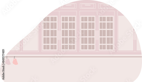 Boutique shopfront chic style pink palette. Elegant fashion storefront pastel colors simple design. Womens clothing store facade dresses display vector illustration